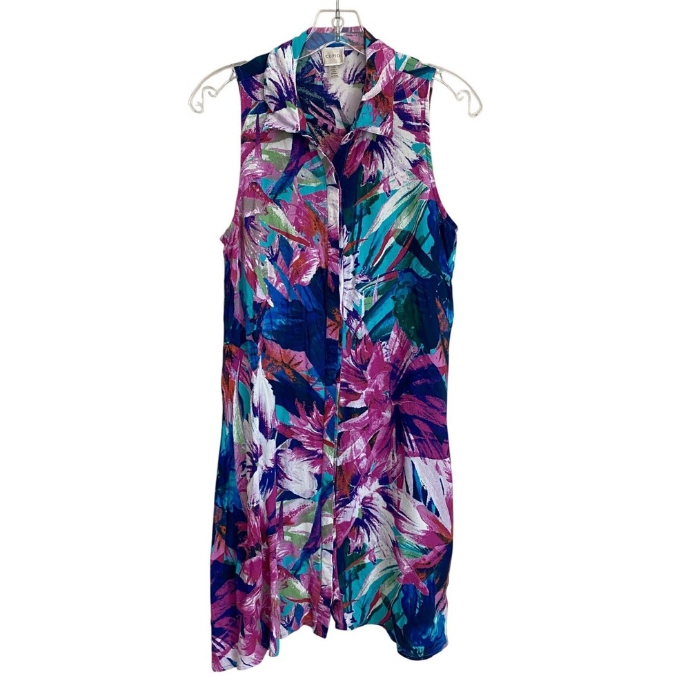 Cupio Women Blue Pink Tropical Floral Sleeveless Button Down Tunic Dress Large